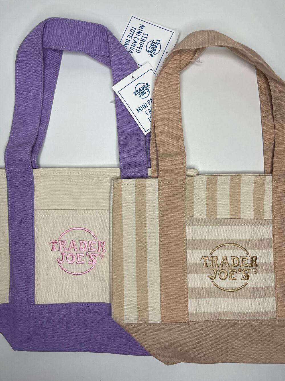 Set of 2 — Trader Joe’s Canvas MINI Tote Bags — PASTEL PURPLE + KHAKI STRIPE NWT